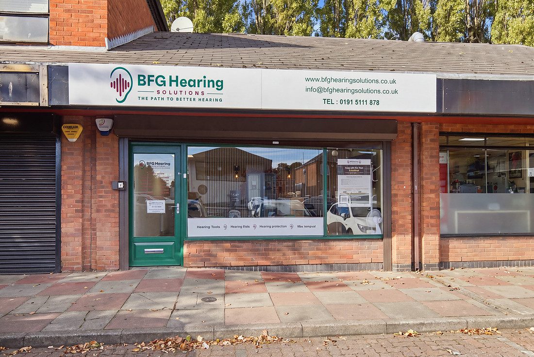 BFG Hearing Solutions shopfront with free parking outside, The Valley Shopping Village, Gateshead